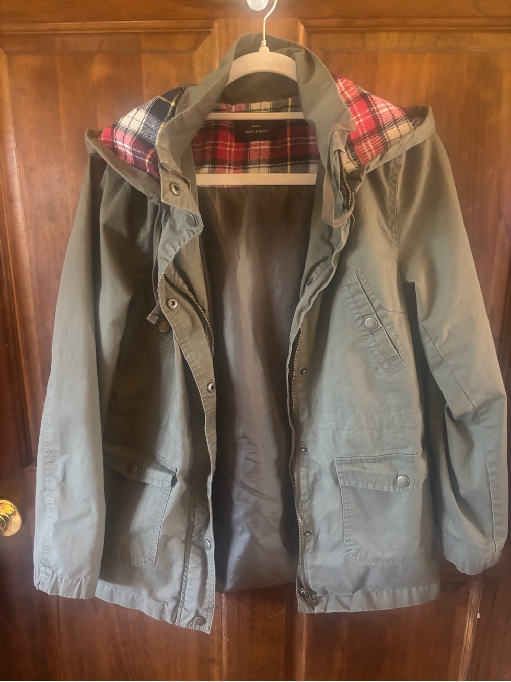 Women’s  Olive Green Hooded Barn Jacket with Plaid Lining
